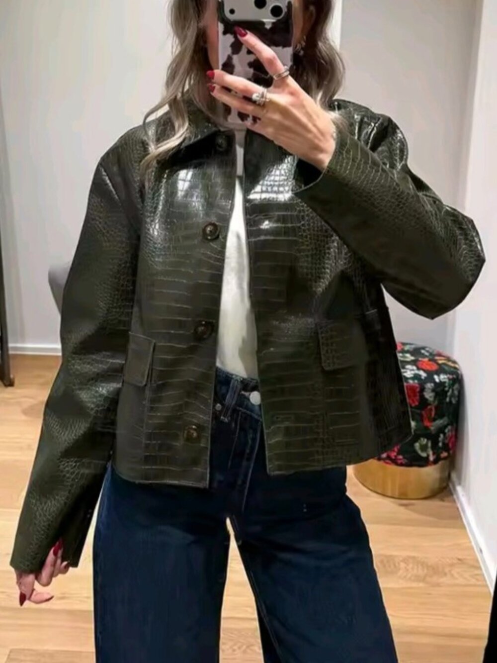 Chic Crocodile Pattern Women's Short Coats Autumn Winter Long Sleeve Turn-Down